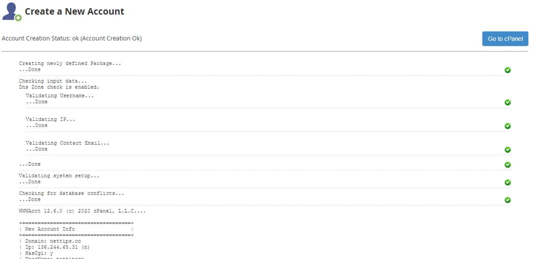 account creation success screen