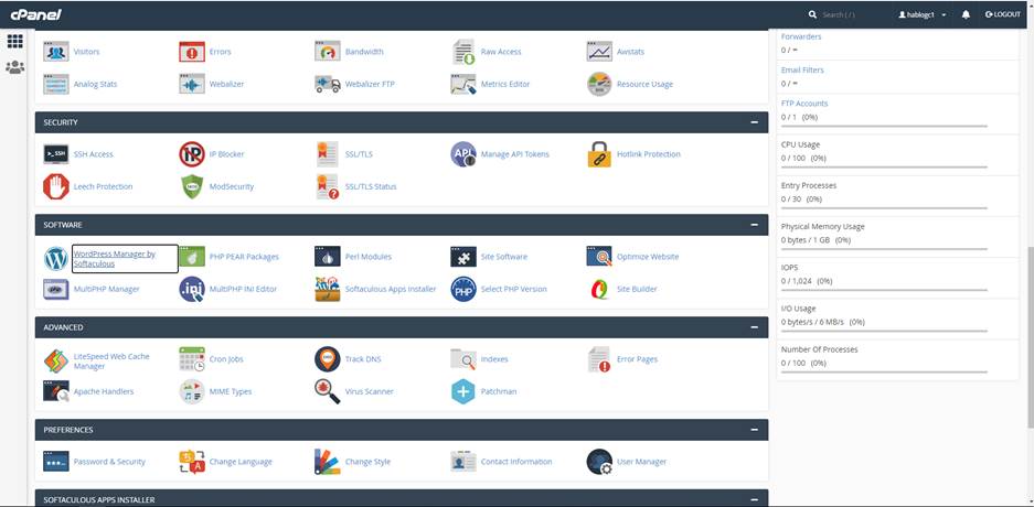 Select the WordPress Manager by Softaculous under Software.