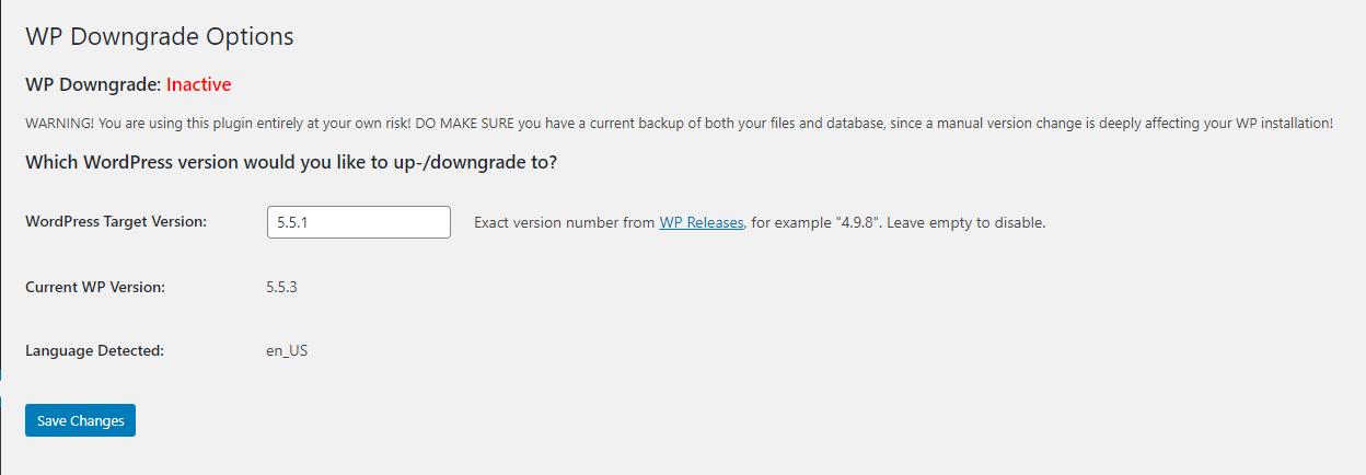 Type in the WordPress target version.