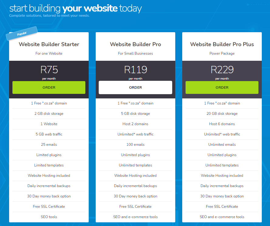 HOSTAFRICA's Website Builder Packages