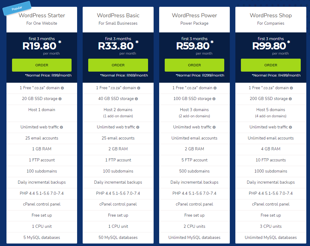 HOSTAFRICA WordPress hosting price table
