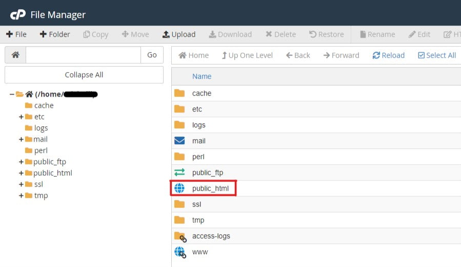Browse to public_html folder and double-click on blue icon.