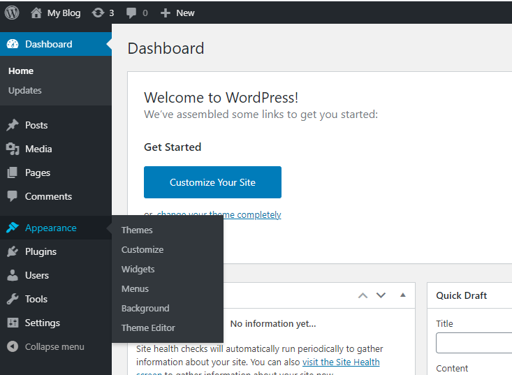 From the menu bar on the left, click Appearance and then Themes.