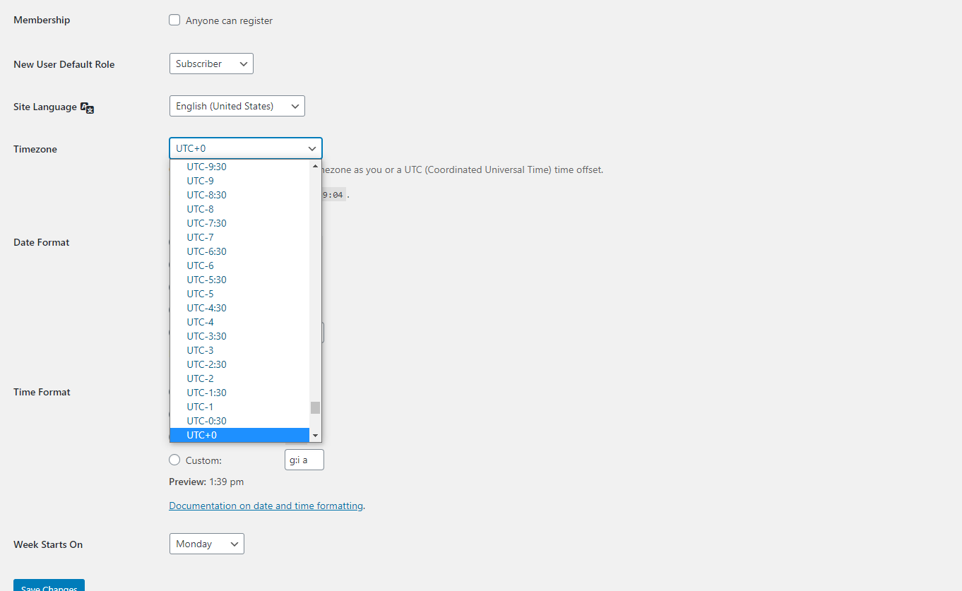 Select the appropriate time-zone from the dropdown and save the changes.