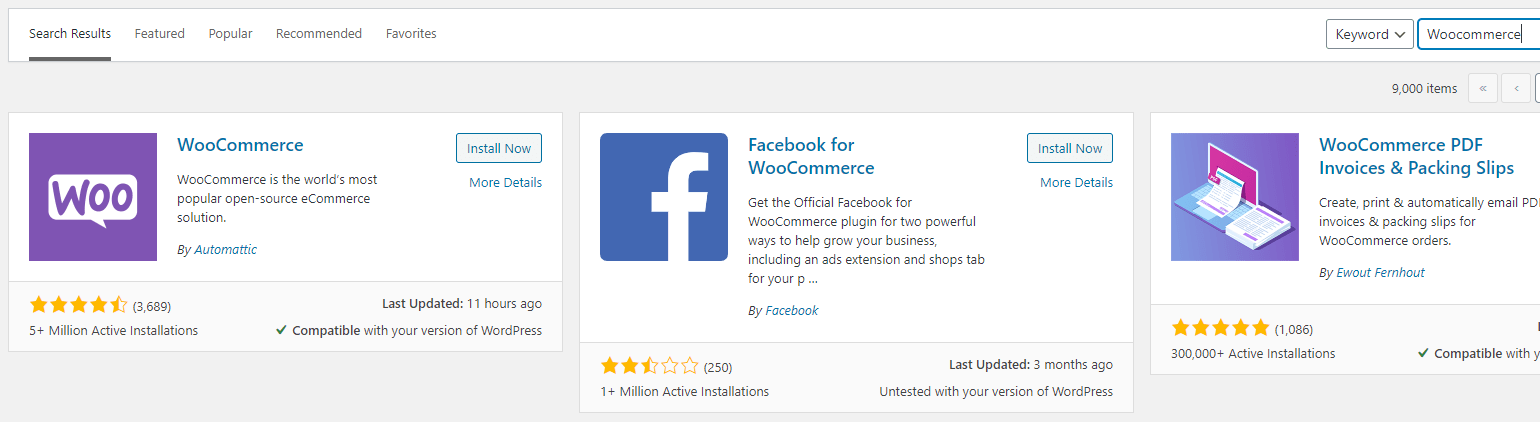 screenshot WordPress search results for word WooCommerce