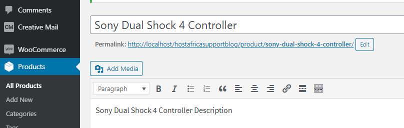 screenshot WooCommerce Products form Post section for product name and description