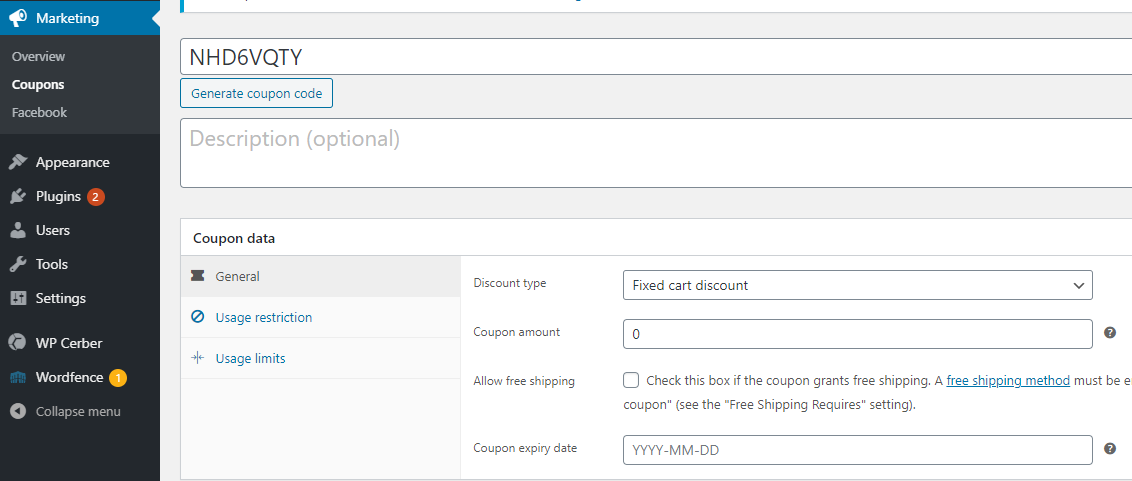screenshot WooCommerce Marketing section, coupon and discount form