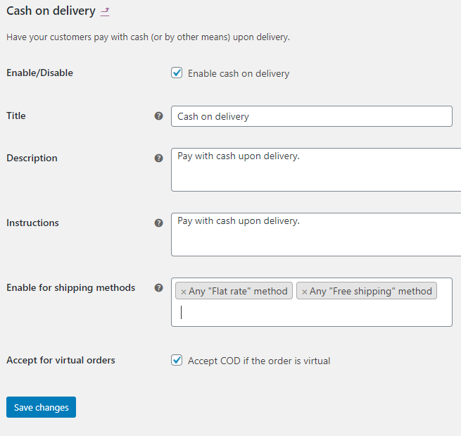 screenshot WooCommerce Cash on Delivery setup form