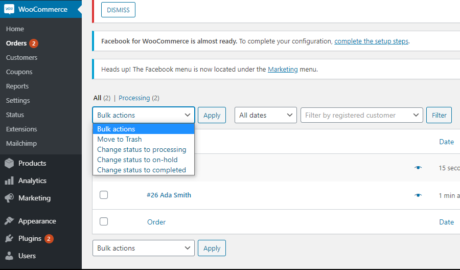 screenshot WooCommerce Order settings, change status