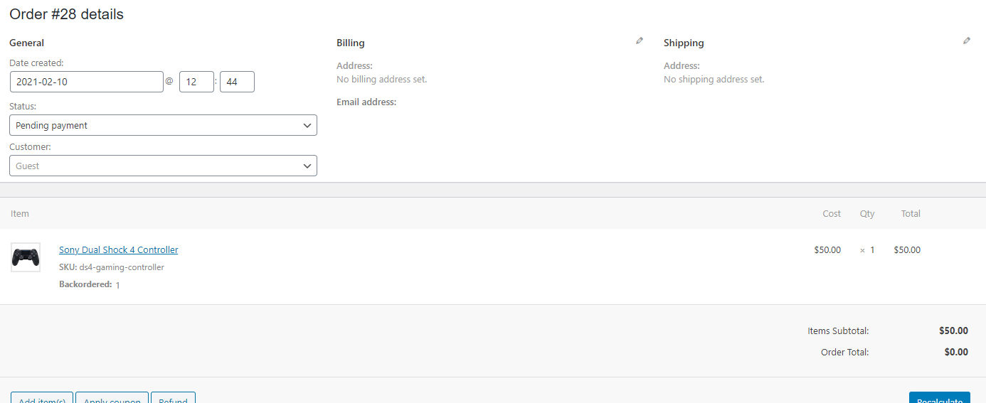 screenshot WooCommerce Order manual add form