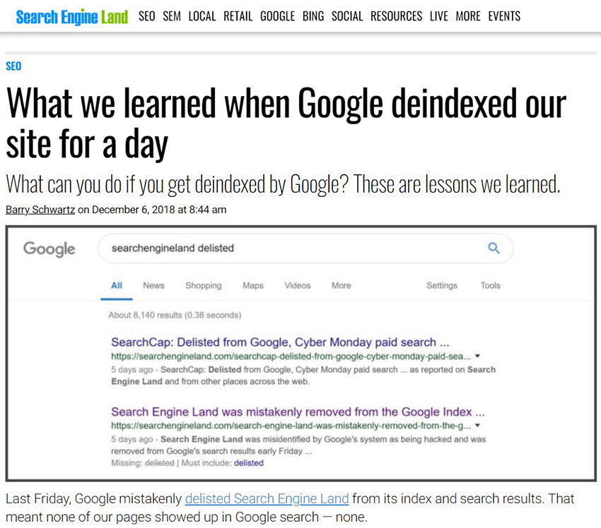 google deindexed search engine land for a day