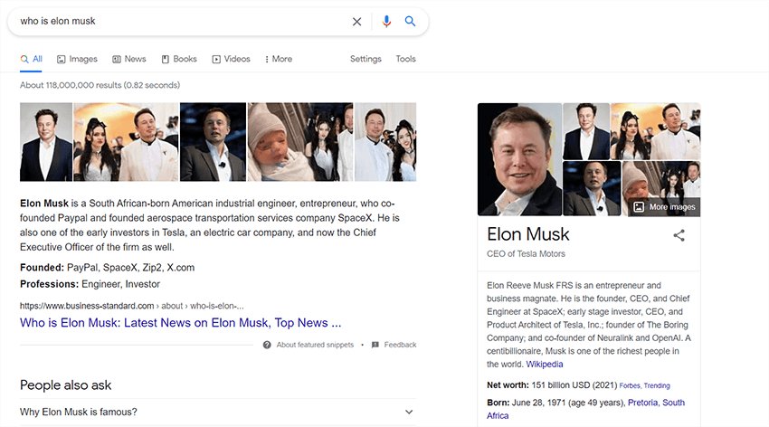 informational google search result